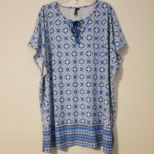 Aqua Et Sol Blue Patterned Beach Cover Up Kimono Tunic Dress